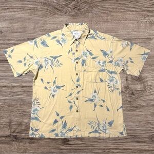 🌴 STEAL! Vintage Bill Blass 100% SILK Hawaiian Shirt L Yellow Floral-FLAWED